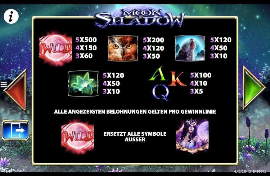 Moon Shadow Slot Paytable