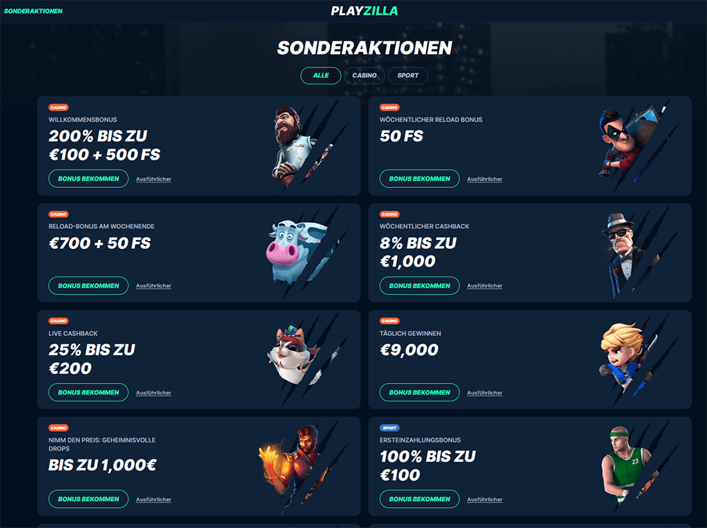 Breite Auswahl von Bonusangeboten im Playzilla Casino