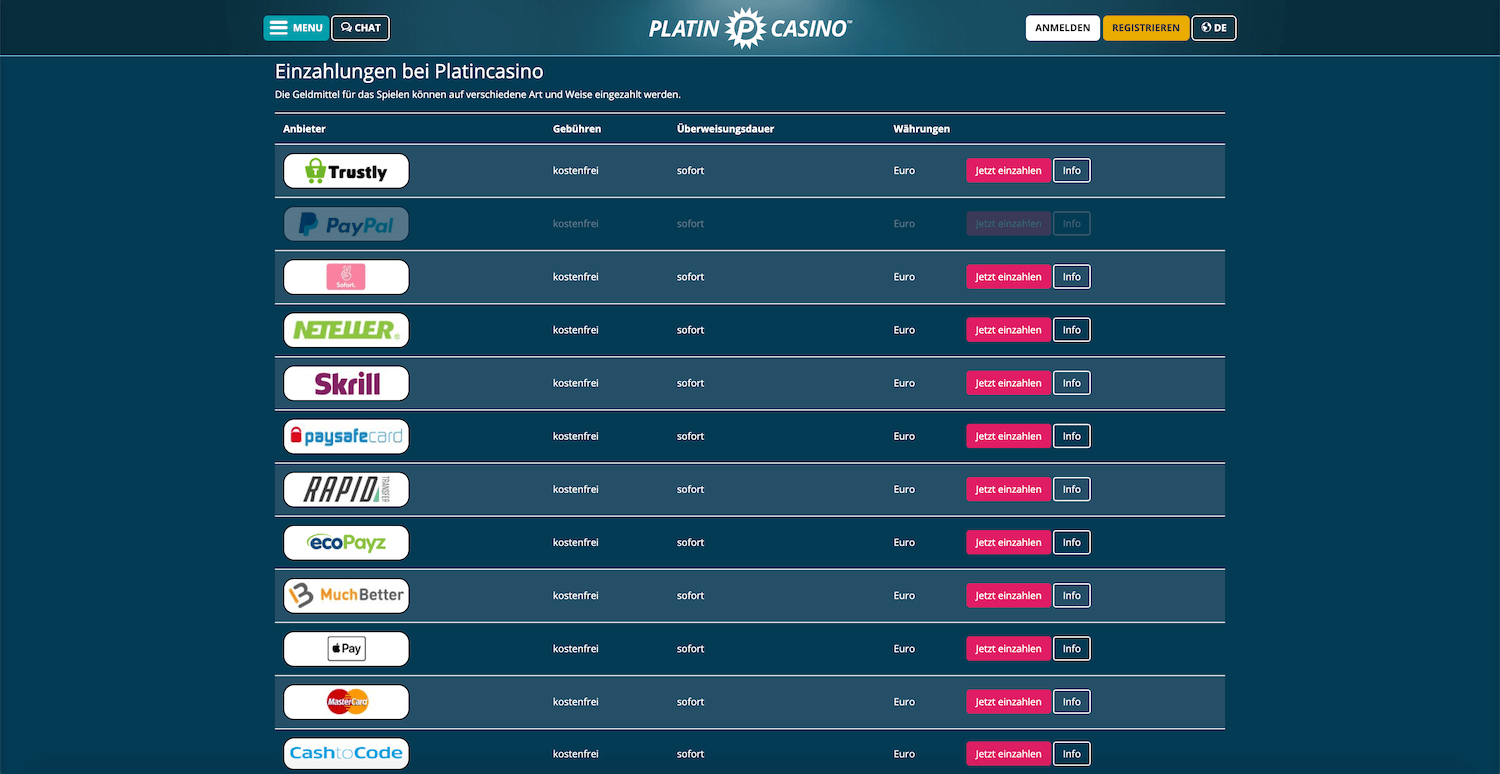 Ansicht aller Zahlungsanbiueter bei einer Einzahlung im Platincasino